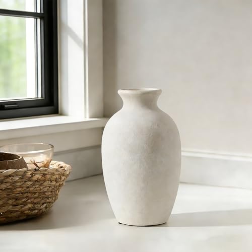 Ceramic Rustic Flower Vase, 8.38 Inch Vintage Pottery Home Decor, Farmhouse Terracotta Vase for Living Room, Table, Shelf, Mantel Decoration, Farmhouse - Off-White - color: Off-white- 8.38"