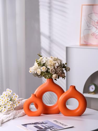 Modern Donut-Shaped Decorative Vases, Handmade Minimalist Boho ins Style, Modern Vase for Home Decor for Wedding Dinner Table Party Living Room Office Bedroom (Orange, Extra Large + Large) - color: Orange, size: Extra Large + Large