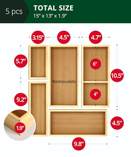 ROYAL CRAFT WOOD 5-Piece Bamboo Drawer Organizer Set – Multi-Use Storage Trays for Kitchen, Bathroom, Office, Makeup, Jewelry & More – Junk Drawer Tray, Utensil Holder, Storage Box & Bin Set (5 Boxes)
