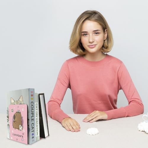 Capybara Bookends Pink, L-Shaped Cute Animal Bookend Holder for Shelves, Kawaii Desk Decor for Kids Room, Girls Bedroom, Office and School Supplies (1 Pair)