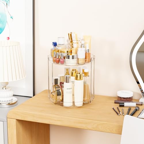 Yieach Clear 360 Rotating Bathroom Counter Organizer,2 Tier Spinning Perfume Organizer and Makeup Tower for Lotion,Hair,Face Skincare Beauty Products,Tiered Lazy Susan and Makeup Organizers for Vanity - style: Round