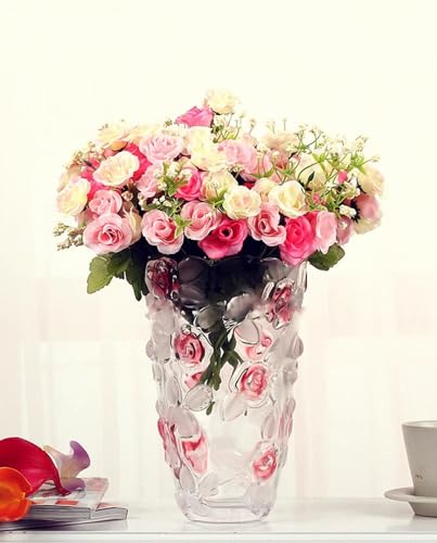 Glass Flowers Vase 9.3 inch Tall, Unique Crystal Vases for Tables Centerpieces, Vintage Rose Large Vases Christmas Thanksgiving Gifts