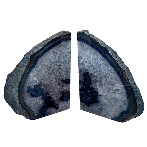 JIC Gem Agate Decorative Book Ends Blue Gemstone Geode Bookends Cool Crystal Bookends for Shelves Book Ends for Heavy Duty Books with Rubber Bumpers for Office and Home Décor (1 Pair,4-6 LBS) - color: Blue Dyed, size: 4-6LBS.