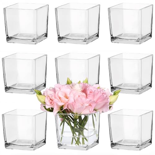 CONNOO 9 Pack Square Glass Vase 4" x 4" x 4", Clear Bulk Flower Vases for Centerpieces, Square Glass Cube Vase Floating Candle Holders for Wedding Party Home Decor - size: 9 Pack 4 Inch