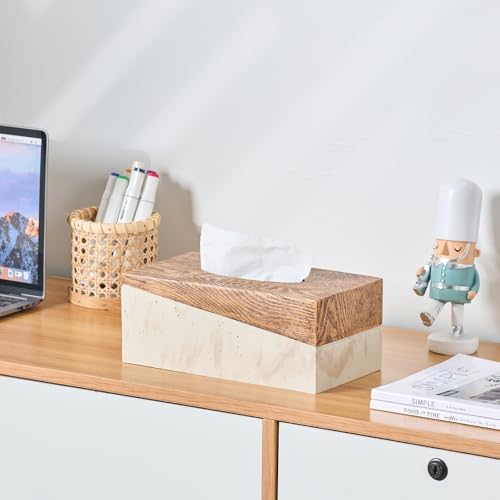 Rectangular Natural Travertine and Rustic Wood Textures Tissue Box Cover for Bathroom,Livingroom,Bedroom, Hand-Made Resin Wood Inlaid Travertine Tissue Box Holder,10 x 5.7 x 4.5 in - color: C-brown&beige