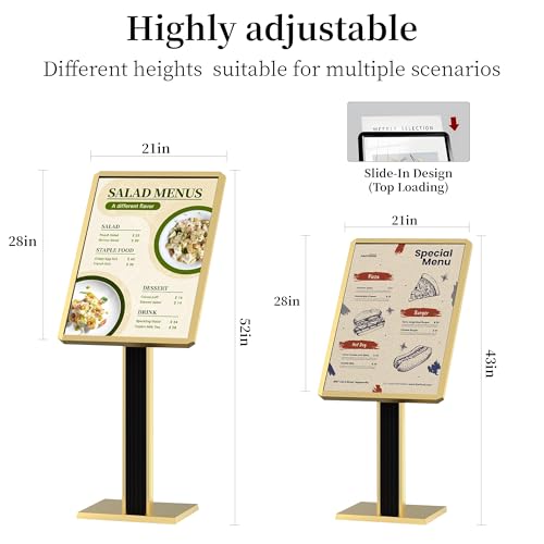 Sign holder floor stand,Heavy-Duty Pedestal poster stand for display,21×29 inch Adjustable Aluminum Menu Stand for Restaurant(Gold) - color: Gold