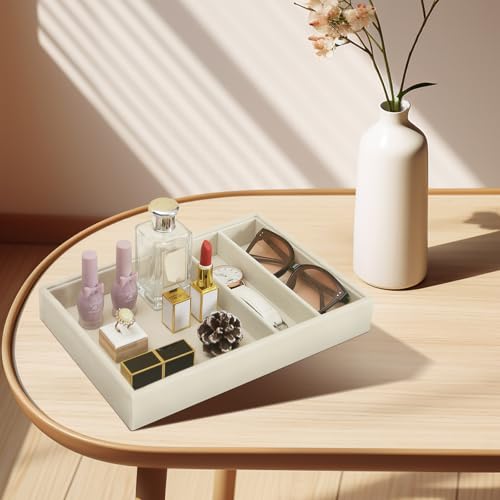 Bedside Organizer - Multi-use Nightstand & Desk-top Catchall Tray for Jewelry, Sunglasses, Phone, Watch, Perfume, Lipstick (Beige 3Grid) - color: Beige Velvet, size: 3 Grid
