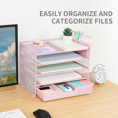 LEKETREE Desk Organizers and Accessories, 5-Tier Paper Letter Tray Organizer with Drawer & 2 Pen Holders, Desktop Organizer for Office Supplies (Pink) - color: Pink, size: 12" x 8" x 10"