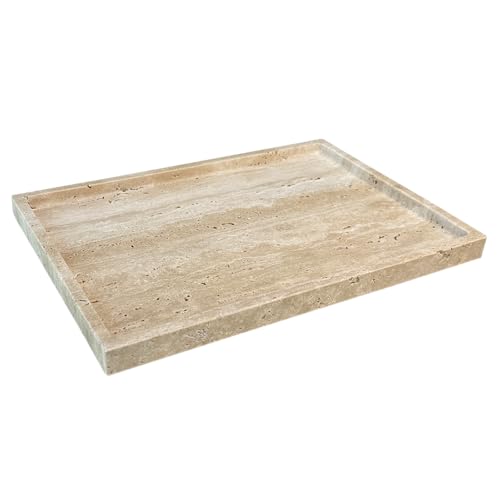 Travertine Stone Tray for Coffee Table, 12 x 8 inch Rectangle Marble Vanity Tray for Bathroom Countertop, Decorative Dish for Perfume Jewelry (Beige Travertine)