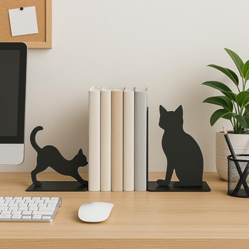 Cat Bookends, Black Metal Book Ends for Shelves, Stretching & Sitting Cat Silhouette Set, Heavy-Duty 0.08" Thick Steel, Decorative Book Holder for Home Office Desk, Gift for Cat Lovers - color: Black Cat