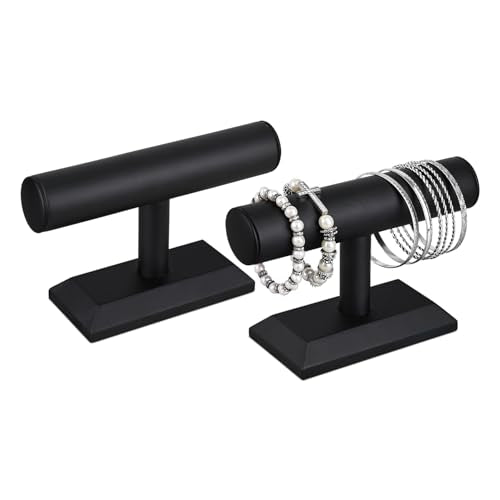 MOOCA 2 Pcs Black Deluxe PU Faux Leather Jewelry Holder Organizer, Wooden Bracelet Holder Stand, T-Bar Display Stand, Jewelry Organizer Stand for Bracelets, Bangles, and Watches - color: Black Faux Leather, 2 pieces