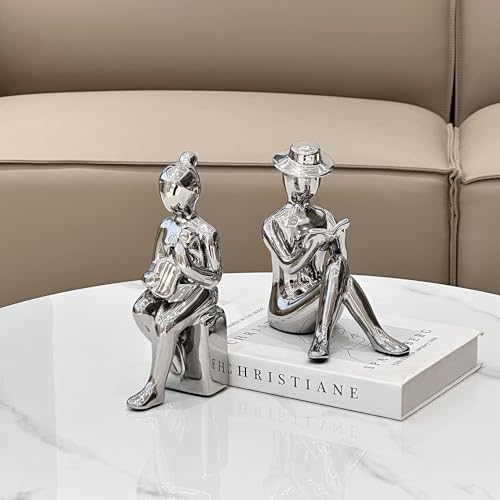 Decorative Book Ends Ceramic Bookends for Shelves, Home Office Decor Aesthetic Statues Book Stopper for Bookshelf Table Bedroom Living Room Decoration (Silver) - color: Silver