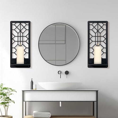 2 Pcs Black Metal Wall Art Bathroom Decor Candle Holder Wall Art Retro Line Wall Decor Living Room Minimalist Metal Wall-Mount Candle Sconces for Dining Room Bedroom Kitchen (Black-Retro)