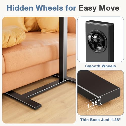 DUMOS Overbed Bedside Table Adjustable with Wheels, Mobile Standing Stand Up Rolling Laptop PC Desks with Tilting Top Height Tray Sofa Side Computer Workstation for Bedroom on Hospital Home Use, Black