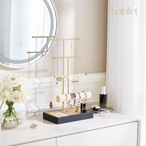 Lolalet Jewelry Holder Tree with Velvet Tray, 4 Tiers Necklace Display Stand Rack with Ring Slots Organizer for Earrings Bracelets Bangles Ring, Valentine's Day Gift -Black - color: Black