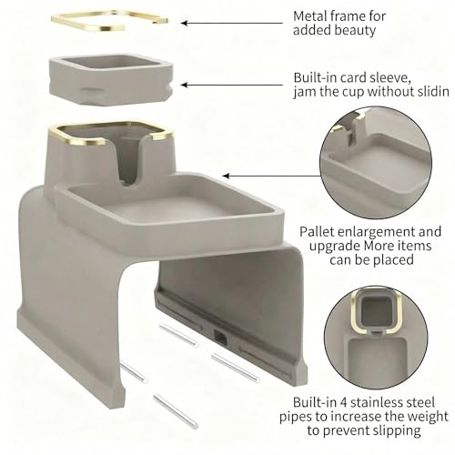 Luxury Gold Trim Couch Cup Holder Tray - Weighted Silicone Anti-Spill Sofa Armrest Organizer, Non-Slip Recliner Tray Table for Drinks, Remote, Phone - Fits Most Couch Arms, Home Gift (Beige Grey) - color: Beige Grey