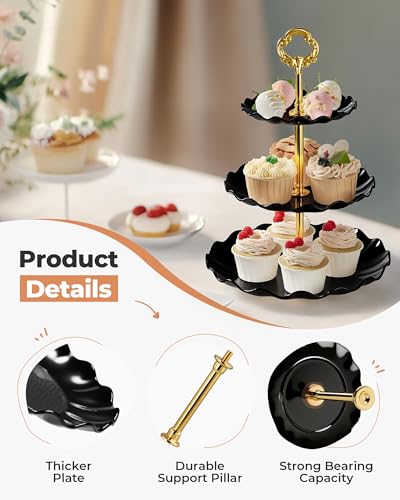 Kootek Dessert Cupcake Stand, 10pcs Dessert Table Display Set, 3 Tiered Cup Cake Holder Tower Stand Riser& Cookie Serving Trays for Wedding, Tea Party, Birthday, Baby Shower - color: Gold & Black, size: 10 Set