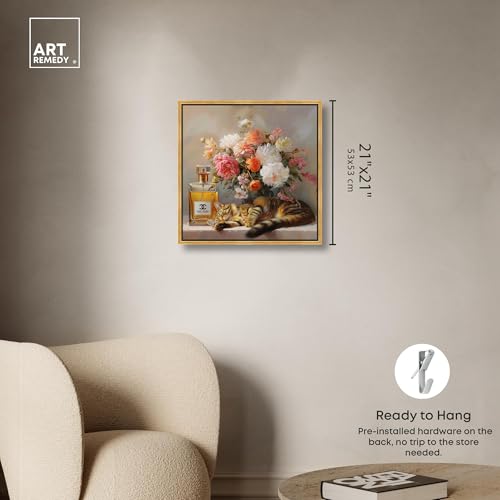 Art Remedy Cat Floral Vase Perfume Canvas Fashion Pet Art, Gold Frame, 20" x 20" - color: Gold Frame, size: 21"L x 21"W