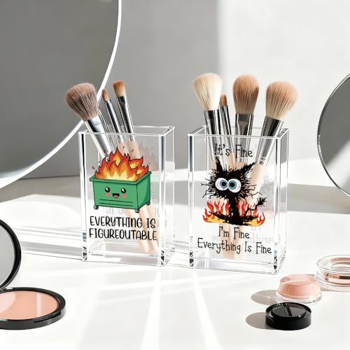 Funny Black Cat 2 Pack Acrylic Cosmetic Pencil Pen Holder Cup, Emotional Dumpster Fire Pencil Pen Holder Cup, Cat Lover Gift for Women, Office Sarcastic Gifts for Women Men Colleague - style: Everything Fine 2