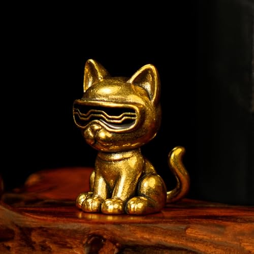 CHOVY 100% Solid Brass Retro Desk Decor - Collectible Figurines of Sunglasses Cat Executing M Project Vintage Animal Sculpture Oddities and Curiosities Handmade Office Artifact for Bookshelf Decor - color: M Plan Cat