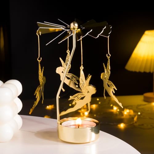 Spinning Candle Holder, Gold Tea Lights Candle Holder Fairy Carousel Candle Spinner, Rotating Metal Candle Holders for Table Centerpiece Angel Candle Holder for Christmas Festival Home Decor - color: Fairy