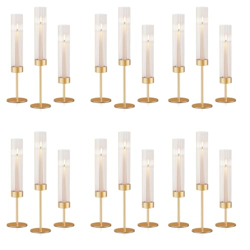 Gold Hurricane Candle Holders: Fluted Tall Candlestick Holders for Wedding Brass Taper Candle Holder Modern Candle Sticks Holder Decor for Table Centerpiece Christmas Party Home Set of 18 - size: Set of 18