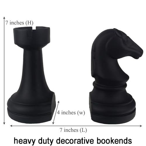 Chess Bookends Novelty Book Holders, Decorative Book Ends Modern Bookends Stoppers for Shelves, Black Heavy Duty Book Ends for Shelves Office Desk Decoration, Resin, 7" x 7"