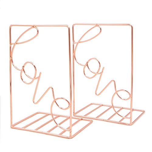 Winterworm Metal Bookends Book Ends Heavy Duty Modern Decorative for Bedroom Library Office School Book Display Desktop Organizer Gift(Love Rose Gold) - color: Love Rose Gold