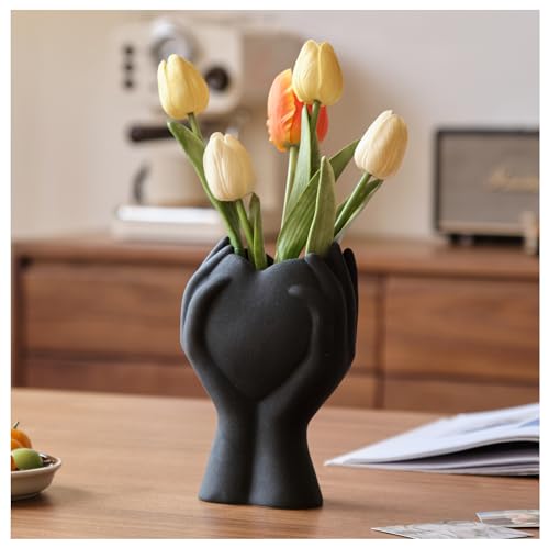 8" Heart Hand Black Ceramic Vase - Unique Modern Aesthetic Flowers Vase for Living Room Bedroom Office Kitchen Table Centerpiece or Shelf Decor-Gifts for Wedding Bridal Shower Women Mom (Black) - color: Black