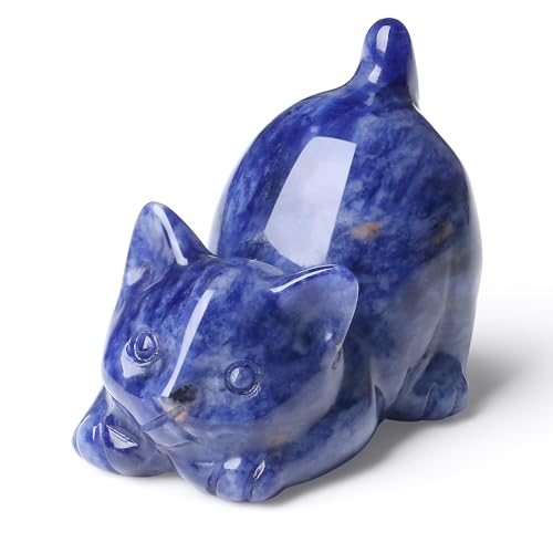 2" Blue Sodalite Cat Crystal Statue Carved Healing Stone Natural Figurines for Gemstones Home Room Decor Carved Handcrafted Cute Statue Lazy Sculpture Kitten Gifts for Cat Lovers Women - color: Blue-sodalite