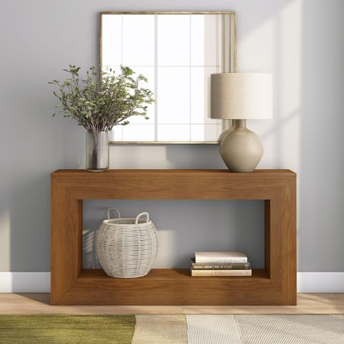 Plank+Beam Grande 56” Console Table with Bottom Shelf, Solid Pine Wood Entryway & Sofa Table, Pecan Wirebrush Finish - color: Pecan Wirebrush, size: 56 Inch with Shelf