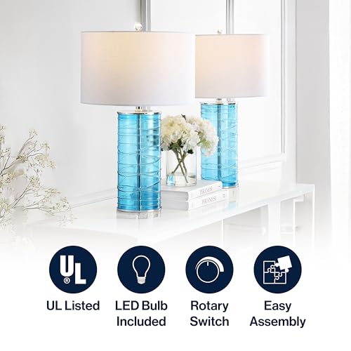 JONATHAN Y 27.5" Turquoise Modern Fused Glass Table Lamp Set of 2 for Bedroom Living Room, Coastal Nightstand Bedside Lamp with White Linen Shade, LED Bulbs Included JYL4016A-SET2 - color: Turquoise