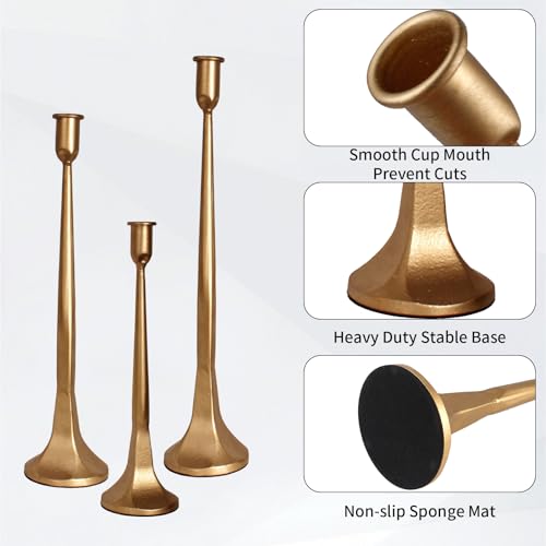 Set of 3 Taper Candle Holders, Cast Iron Candlestick Holders Tall for Wedding, Dining Table, Halloween & Fall Decor, Home Decoration (Gold, 12" 14" 15.5") - color: Gold