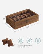 SONGMICS 12-Slot Watch Box, Watch Display Case with Large Glass Lid, Removable Watch Pillows, Velvet Lining, Gift Idea, Rustic Walnut UJOW120K01 - color: Rustic Walnut, size: 1 Layer 12 Slot