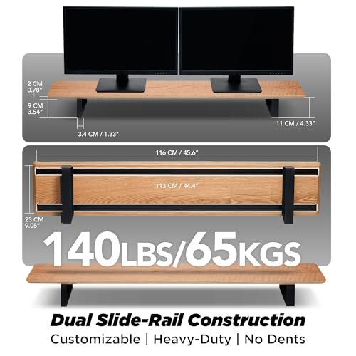 ULTRARM Moodular Wooden Monitor Stand 45.6” (116cm) Large Desk Organizer with Metal Slide Rails for Drawer, Tray, Laptop, Tablet, Phone & Headphones Customizable Riser for Organized Workspace Oak
