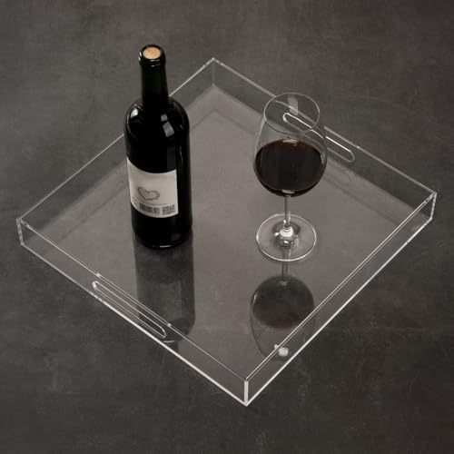 Clear Sturdy Acrylic Serving Tray with Handles - 14x14Inch - Coffee, Appetizer, Breakfast, Butler Tray - Kitchen Countertop & Makeup Drawer Organizer - color: Clear, size: 14" x 14" x 2"