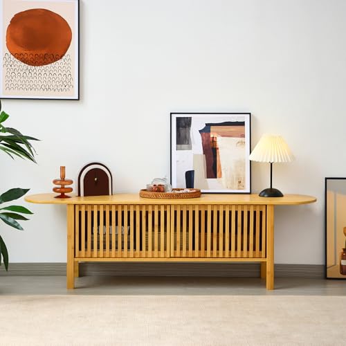 Bamboo TV Stand for TVs up to 65", Accent Entertainment Center with Storage, Media Console Table with Fence Door, Modern TV Stand for Living Room, Bedroom, 55"(L), Burlywood - color: Burlywood Fence Door