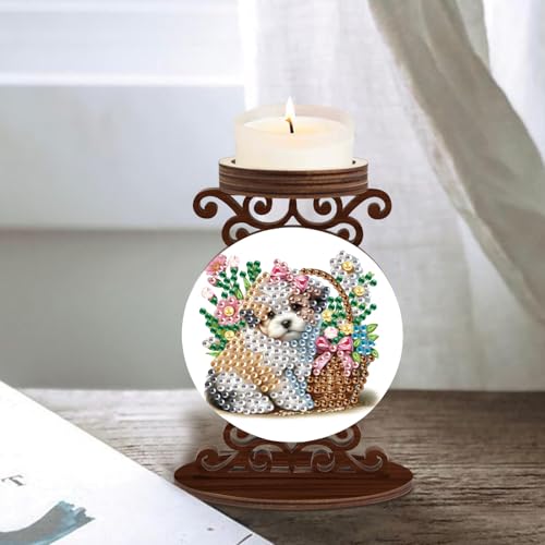 Diamond Art Painting Candlestick Holder kits, Puppy DIY shaped crystal Diamond partial art painting, woodiness Candle holder for AromaRelax & Home Decor, Christmas Halloween Ornaments (Double-Sided) - color: Puppy
