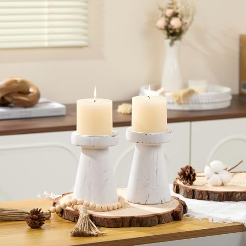 Wood Candle Holders for Pillar Candles, Set of 2 Vintage Rustic Tall Modern Farmhouse Decor, Decorative Wooden Candlestick Stand for Fireplace Mantel, Table Centerpiece - Distressed White - color: Distressed White