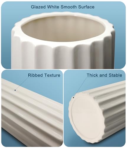 GeLive Glazed White Ceramic Vase Ribbed Straight Cylinder Minimalist Waterproof Flower Vase, Home Decor Centerpiece for Fresh Bud Artificial Dried Flowers 9 Inch Height - style: Straight Cylinder