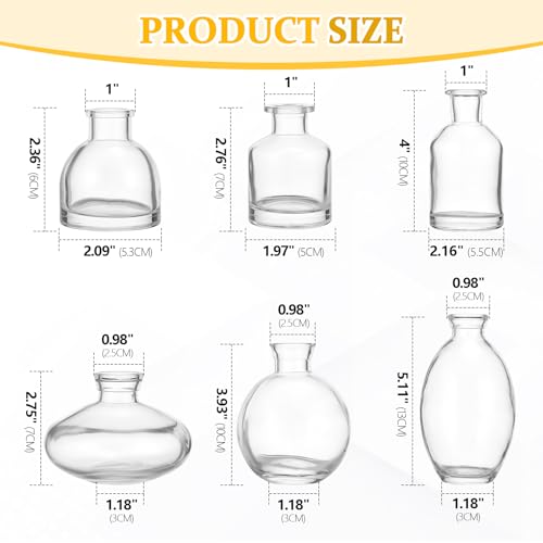Glass Bud Vases Set of 6, Small Clear Flower Vases for Wedding Centerpiece Vintage Mini Glass Flower Bottles for Floral Arrangement Party Home Office Dining Table Decor - color: Clear