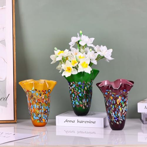 DOVDOV Handmade Glass Blown Orange Wide Mouth Irregular Vase, Modern Art Decoration for Home Office Living Room Dining Table Centerpiece