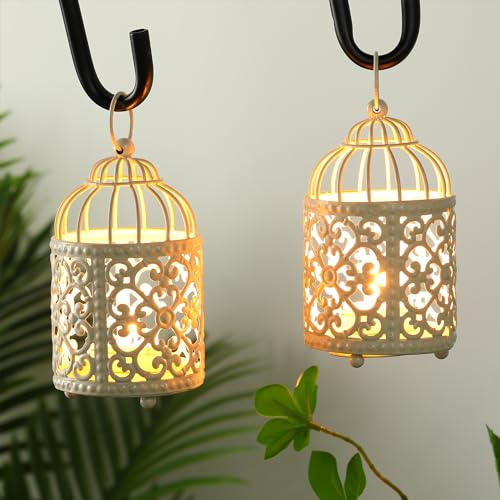 JHY DESIGN 6 Pcs Wedding Centerpieces 5.5 inch Height Small Metal Candle Stick Holder Hanging Birdcage Tealight Lantern Hollow Candle Holders for Table Valentine Patio Indoor Outdoor (Cream White) - color: Cream White