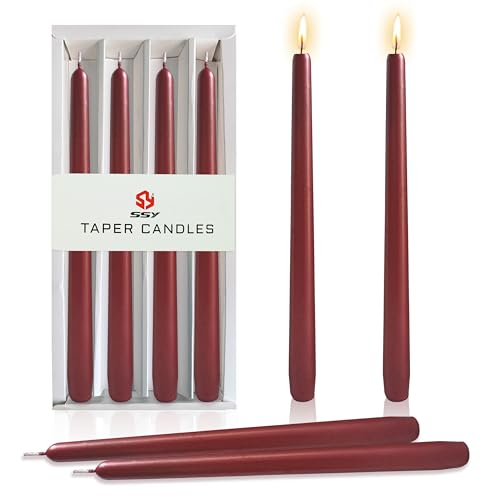 10 Inch Metal Taper Candles Handmade Smokeless Set of 4 – Unscented Tapered Candles in Red, Candle Sticks for Wedding, Home Decor, and Dinner Table - color: Red 4MT