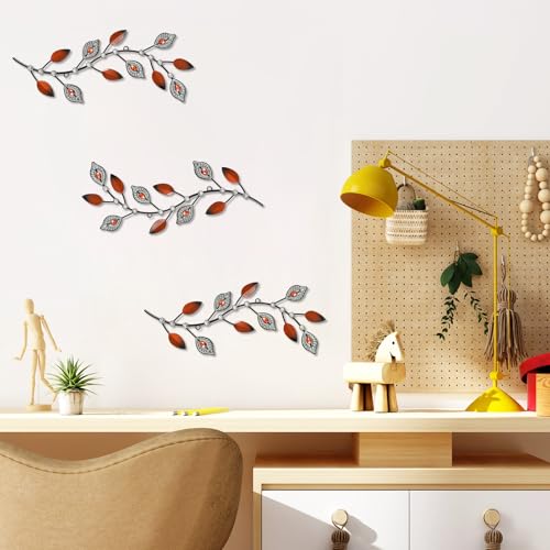Cityelf 3 Set Crystal Leaf Wall Art Sculpture Iron Tree Leaves Branch Hanging Wall Décor Jeweled Bling Home Deor Acrylic Diamond Accent … - color: rust red leaves set 3