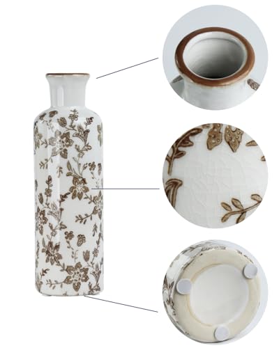 Ceramic Vase Set of 3, Vintage Ceramic Flower Vases, Crackle-Glaze & Distressed Rim, Brown Botanical Pattern, for Home Decor, Living Room Mantel & Dining Table Centerpiece - color: Brown