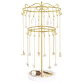 iDavosic.ly 2 Tier Rotating Necklace Holder Organizer with 42 Hooks, Adjustable Metal Bracelet Display Stand Rack, Extra Tall Keychain Spinning Tree Tower for Women, Wooden Base | White & Gold - color: White with Wooden Tray