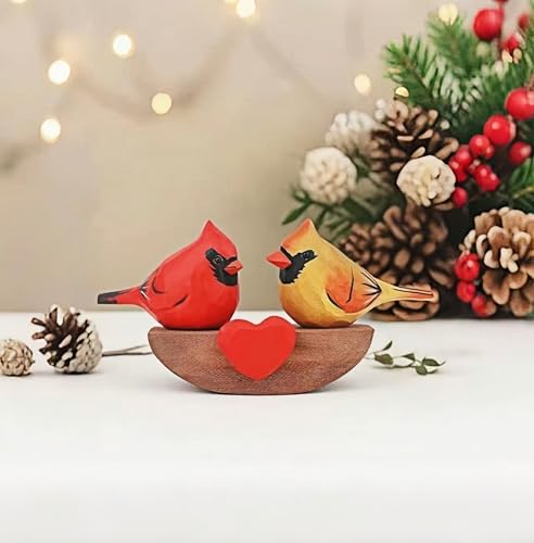 Handmade Wooden Cardinal Figurines on Heart Base - Set of 3 Hand-Carved Male & Female Red Bird Statues - Romantic Couples Gift for Anniversary, Valentine's Day, Wedding & Home Decor Accents - color: Red&yellow