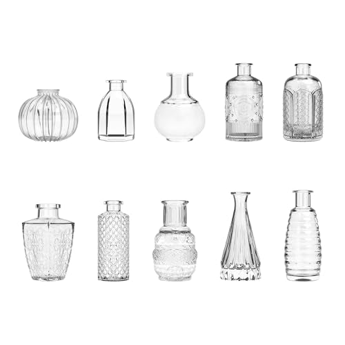 Gather & Bloom Creations Glass Bud Vases in Bulk – Set of 10 Mini Wedding Centerpiece Vases – Durable, Vintage-Inspired Clear Glass Vases for Flowers and Table Decor