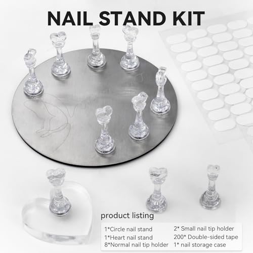 Nail Stands for Press On Nails Painting Display Practice, Powerful Magnetic Nail Tip Holders for Diy Design, Heart Nail Art Stand with 200 PCS Double-Sided Tapes Home Salon Use (Silver) - color: Silver, size: Medium